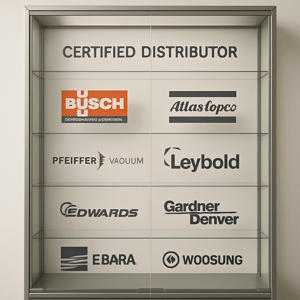 *A glass cabinet with distributors' logos, set against a beige background*