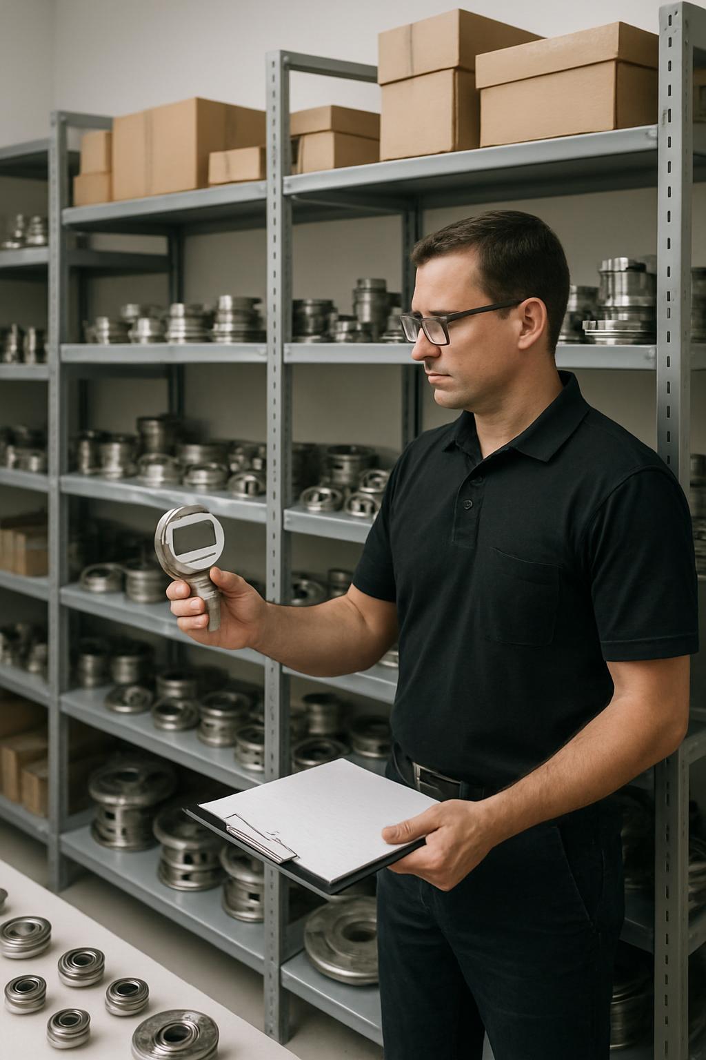A man in a black polo shirt stands near industrial shelving, holding a silver and gray gauge in his right hand and a clipb...