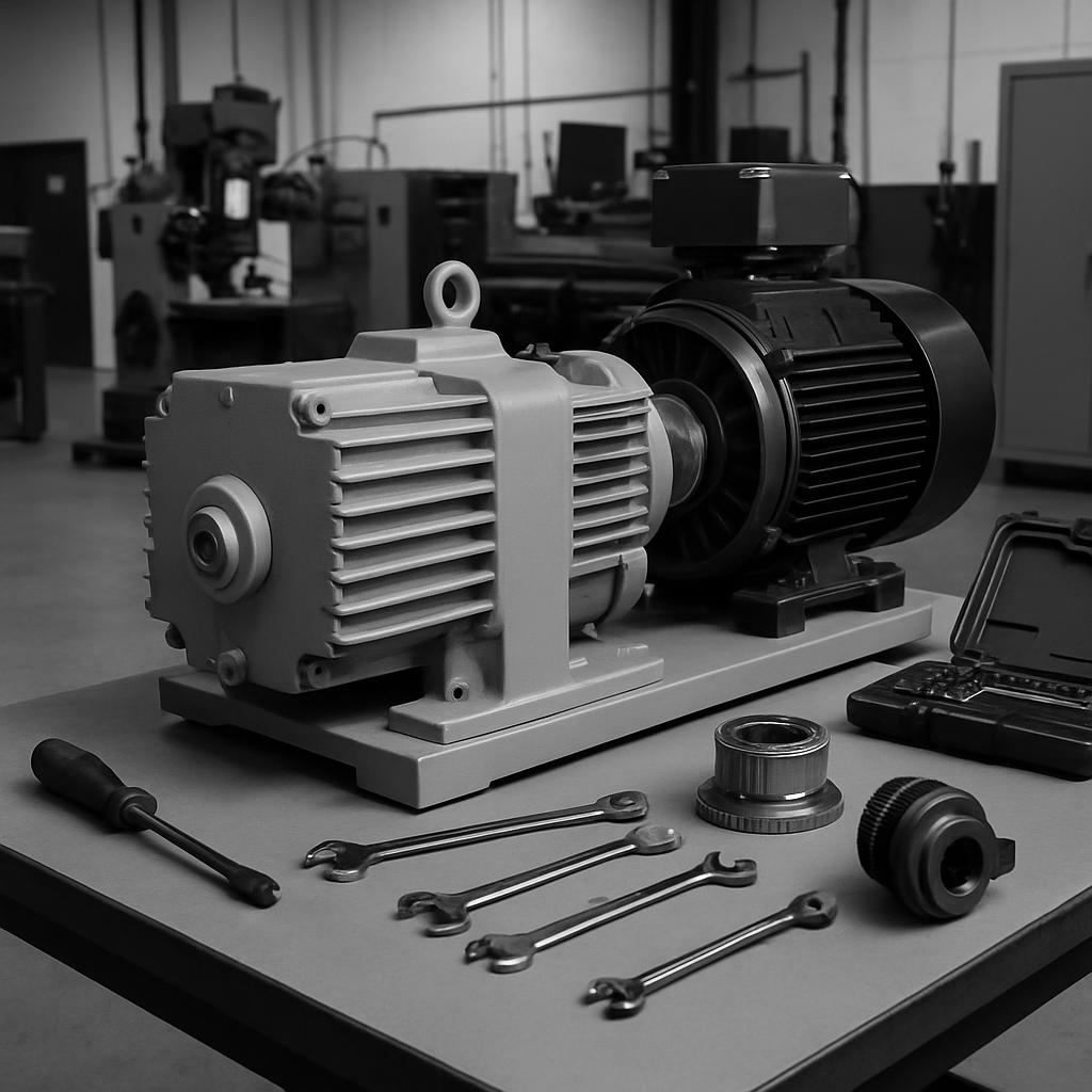A grayscale photograph showcases a table holding tools, alongside a large industrial motor, against a backdrop of machines...
