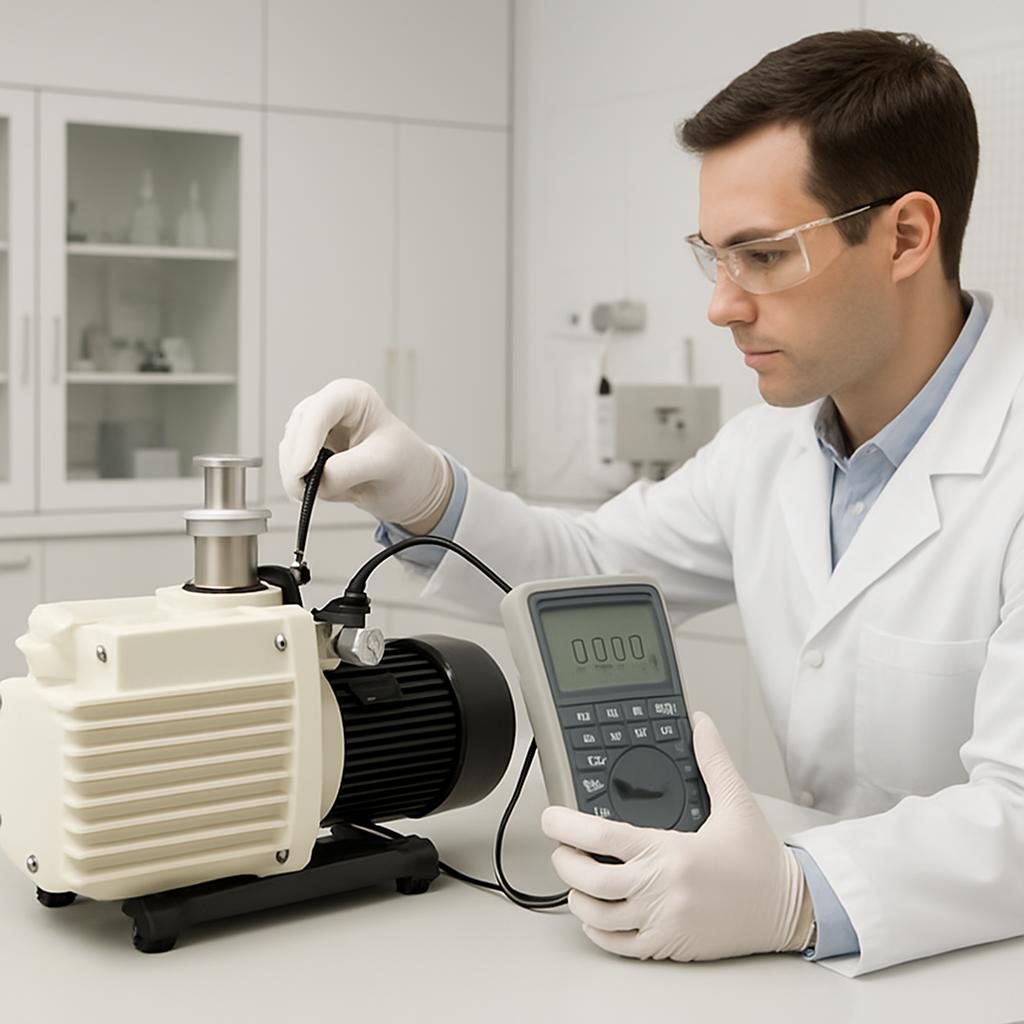 Chinese (Taiwan) A male technician, dressed in white, wearing gloves and a protective lab coat, is engaged in repair work ...